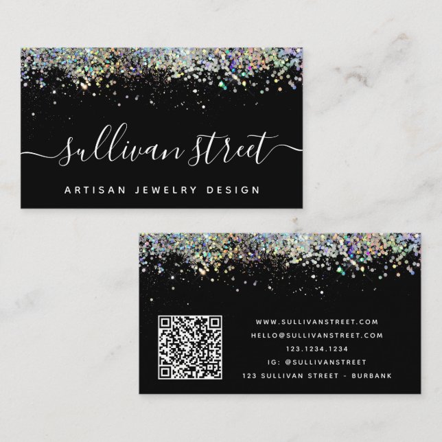 Svart holografisk Glitter QR-kod Visitkort (Fram/baksida)
