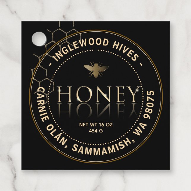 Svart honungsetikett med Honeycomb Mönster Gåvor Etiketter (Framsida)