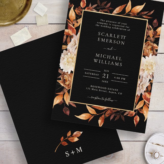 Svart Höst Blommig Bröllop Inbjudningar (Black Fall Floral Wedding Invitation
)