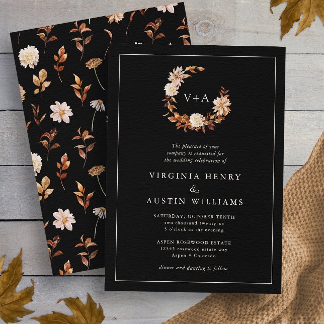 Svart höstmonogram bröllop inbjudningar (Black Fall Monogrammed Wedding Invitation
)