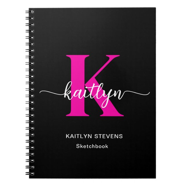 Svart Hot Pink Monogram Skissbok Anteckningsbok (Framsidan)