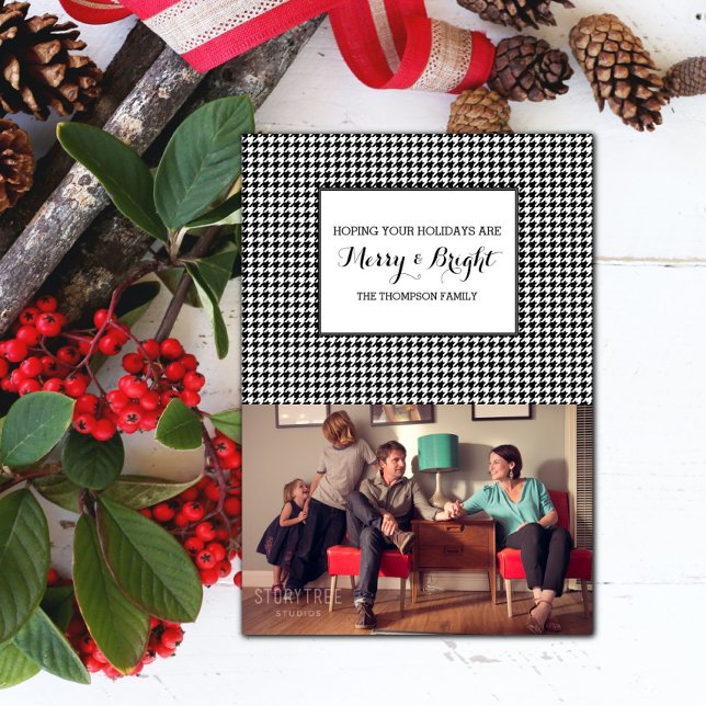Svart Houndstooth-fotokort för Helgdag Inbjudningar (Black Houndstooth Holiday Photo Card)