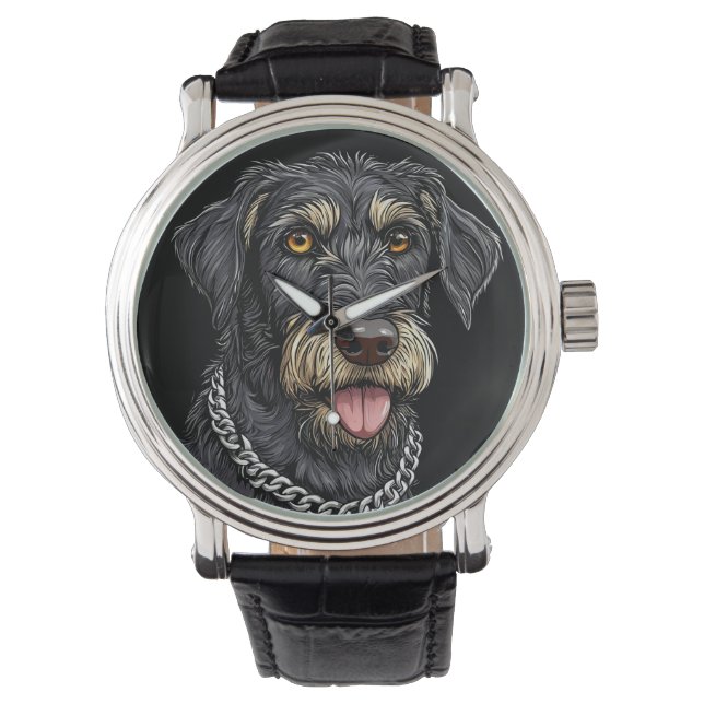 Svart Hund Med Kedja Halsband Armbandsur (Framsida)