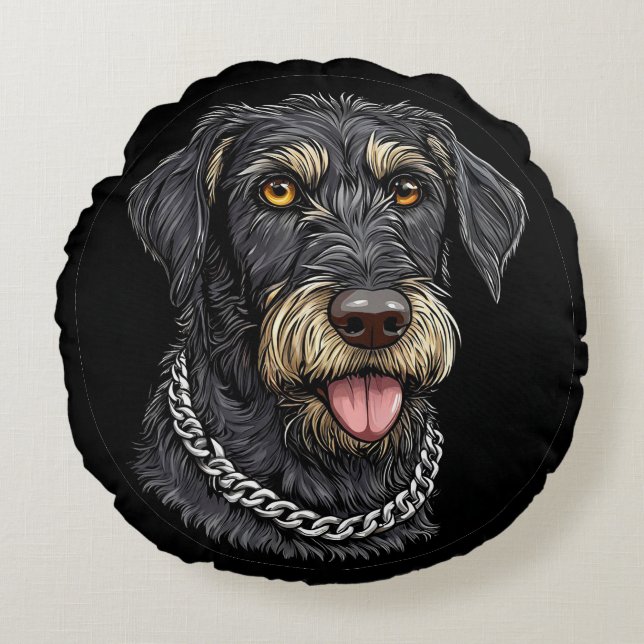 Svart Hund Med Kedja Halsband Rund Kudde (Framsidan)