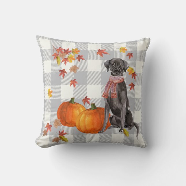 Svart Hund med Pumpkins Falling Löv Grått Check Kudde (Framsida)