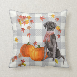 Svart Hund med Pumpkins Falling Löv Grått Check Kudde
