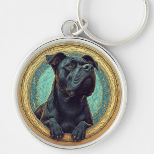 Svart hund ramad av utsmyckad konstnärlig design rund silverfärgad nyckelring