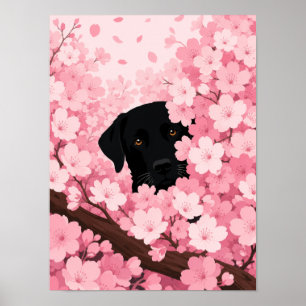 Svart hund Siluett Väggkonst — Körsbärsblomning