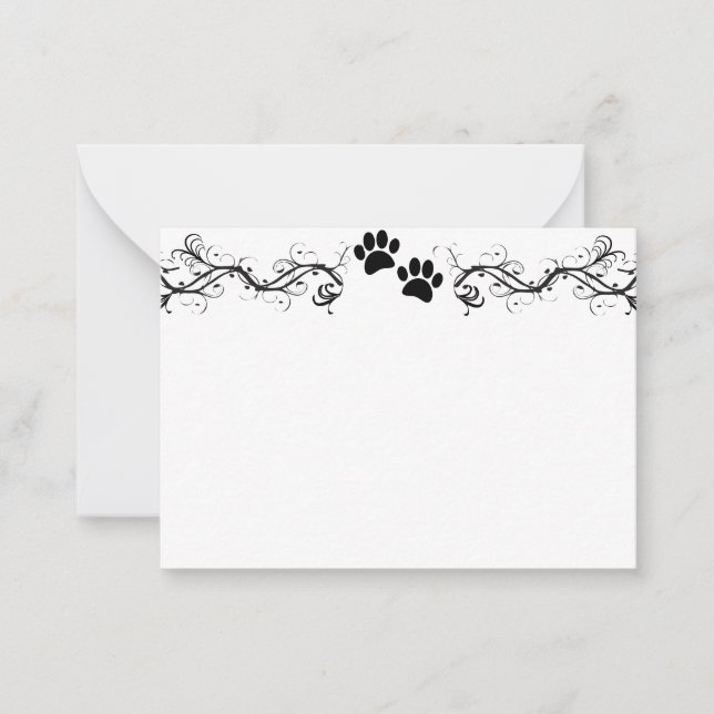 Svart Hund Tassavtryck Scrollwork Tomt Anteckningskort (Framsida)