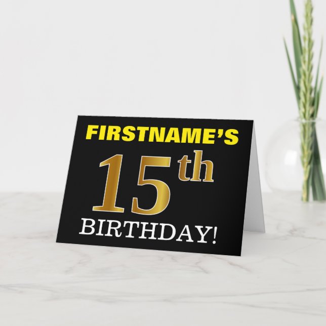 Svart, Imitation Guld "15:e BIRTHDAY"-kort Kort (Framsida)