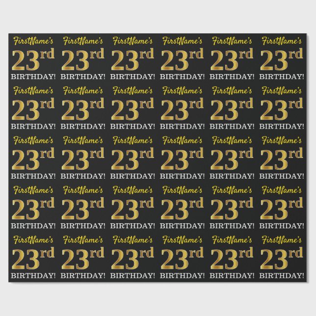 Svart, Imitation Guld "23:e BIRTHDAY" Presentpapper (Platt)