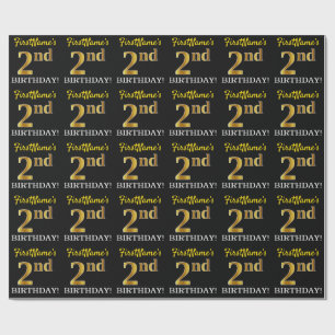 Svart, Imitation Guld "2nd BIRTHDAY" Presentpapper