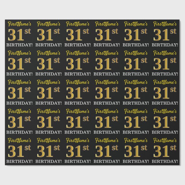 Svart, Imitation Guld "31a BIRTHDAY" Presentpapper (Platt)