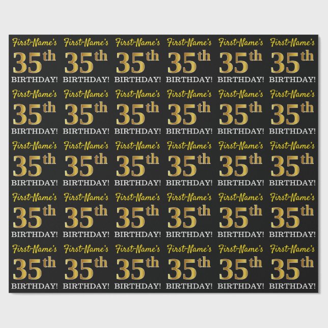 Svart, Imitation Guld "35e BIRTHDAY" Presentpapper (Platt)