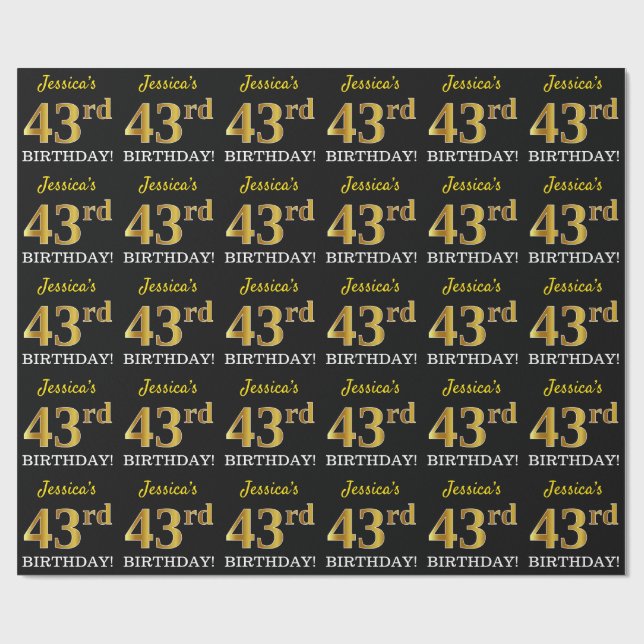 Svart, Imitation Guld "43:e BIRTHDAY" Presentpapper (Platt)