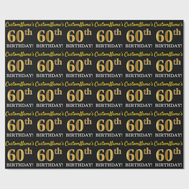 Svart, Imitation Guld "60:e BIRTHDAY" Presentpapper (Platt)
