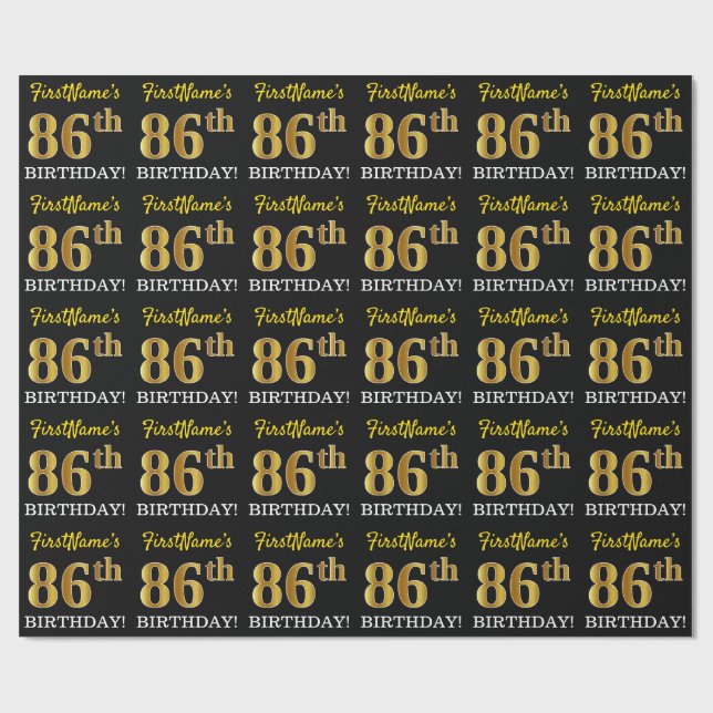 Svart, Imitation Guld "86-ÅRS FÖDELSEDAG" Presentpapper (Platt)
