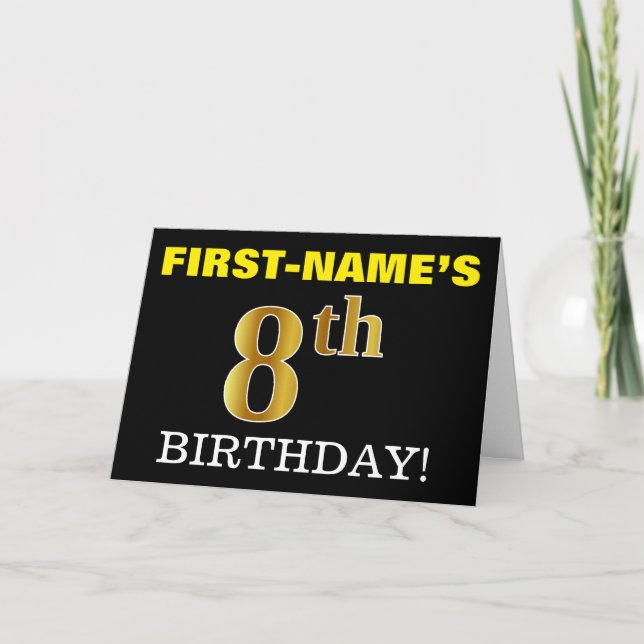 Svart, Imitation Guld "8th BIRTHDAY"-kort Kort (Framsida)