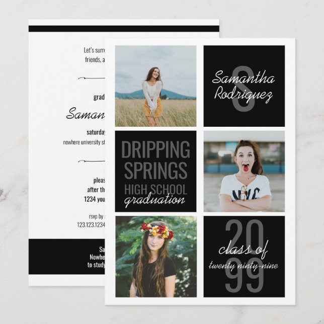 Svart inbjudan till 3-foto-Roligt-rutor Studenten (Fram/baksida)