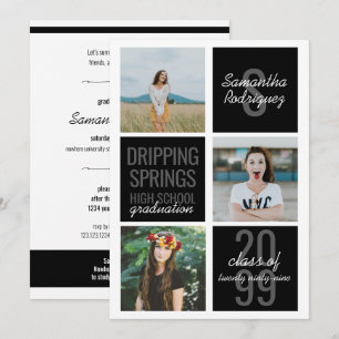 Svart inbjudan till 3-foto-Roligt-rutor Studenten