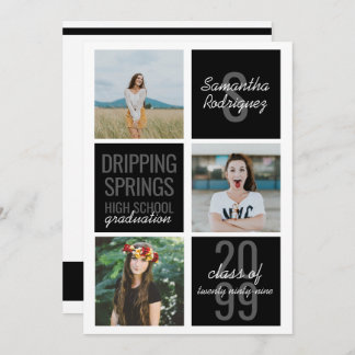 Svart inbjudan till 3-foto-Roligt-rutor Studenten