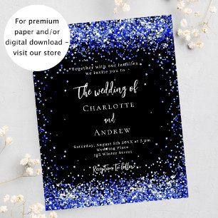 Svart inbjudan till blått budgetbröllop i royalet flygblad