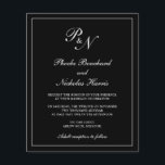 Svart inbjudan till elegant Monogram-budgetbröllop<br><div class="desc">Traditionell bröllopsinbjudan till stil-budget med en enkel och klassisk design med dina två första monogram och namn i en elegant kalligrafi inuti ett tunt gräns. All inslag i designläge är vit över en svart bakgrund och kan ändras i designredigeringsverktyget i verktyg. Denna klassutformning är perfekt för ett formellt bröllop.</div>