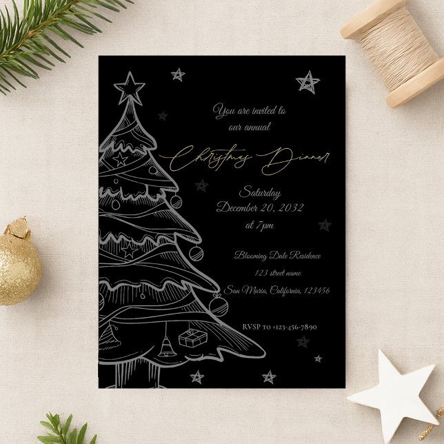 Svart inbjudan till Julfesten Julgran (Black Christmas Tree Holiday Party Invitation Postcard)