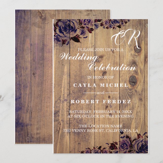 Svart inbjudan till Lila Ro Rustic Wedding (Fram/baksida)