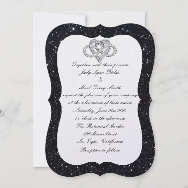 Svart inbjudan till Ofinity Heart Wedding i Glitte (Framsida)