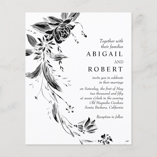 Svart inbjudan till QR-blommigt BUDGET-bröllop (Framsida)