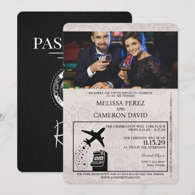 Svart inbjudan till Reno Passport Wedding (Fram/baksida)