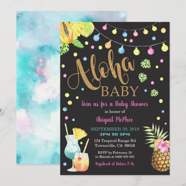 Svart inbjudan till Tropical Aloha Baby Shower Bla (Fram/baksida)