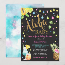 Svart inbjudan till Tropical Aloha Baby Shower Bla
