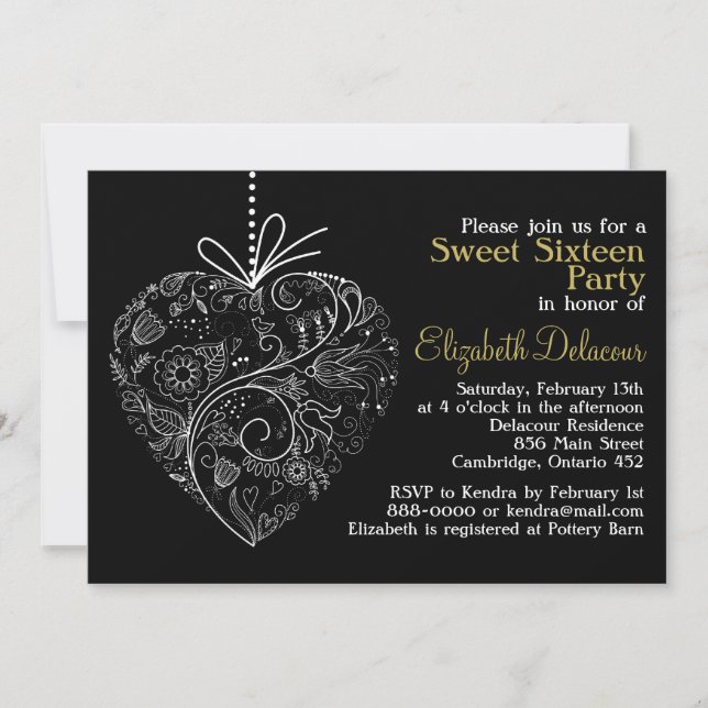 Svart inbjudan till Whimsical Heart-Sweet sixteen (Framsida)