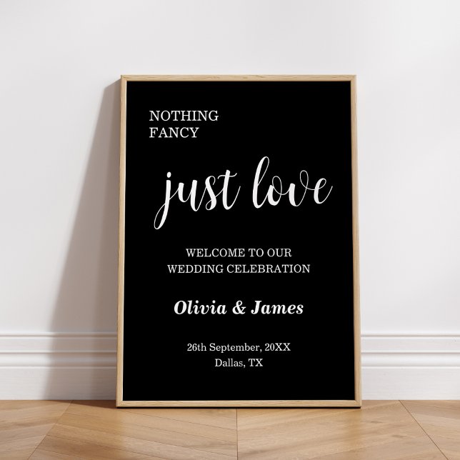 Svart Inget Tjälligt Bara Kärlek Bröllop Välkommen Poster (Black Nothing Fancy Just Love Wedding Welcome Sign  )