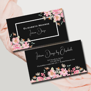 Svart Inredingsdesign för blommigt Script Visitkort