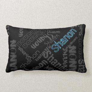 Svart, isblått, Grått Pillow Namn Collage reverse Lumbarkudde