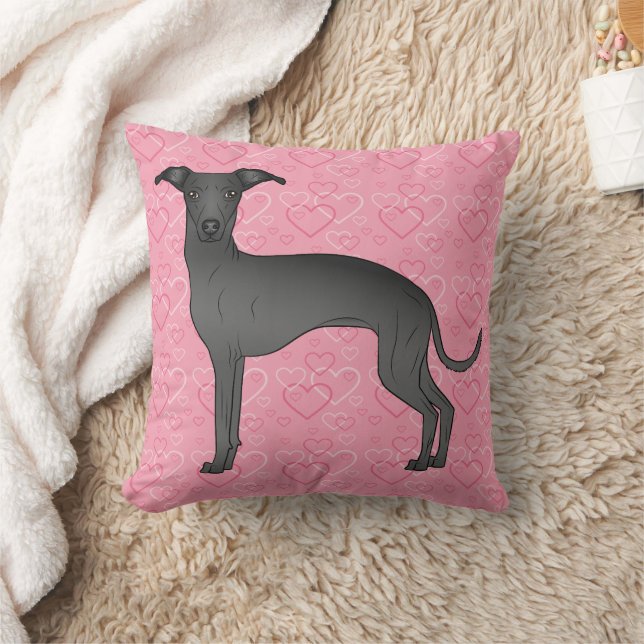 Svart italiensk greyhound Cute Hund på Rosa Hjärta Kudde (Filt)
