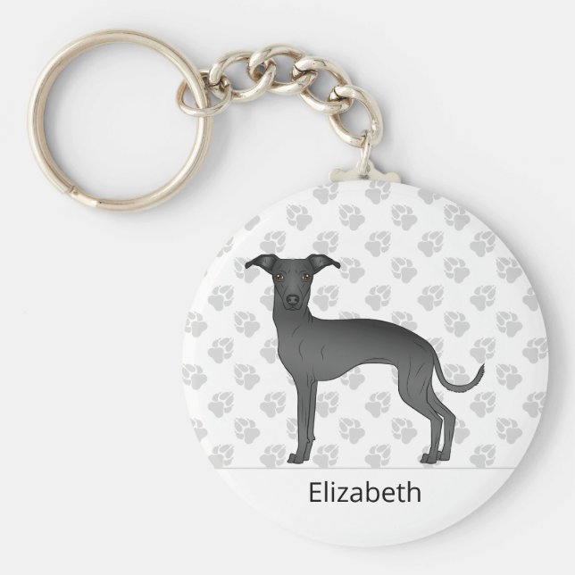 Svart italiensk greyhound-Hund med eget namn Nyckelring (Framsidan)