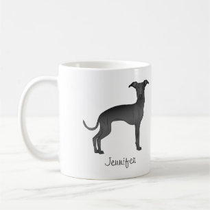 Svart italiensk mynde söt seriehund med namn kaffemugg