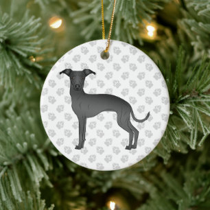 Svart italiensk mynde söt tecknad hund med tassarn julgransprydnad keramik