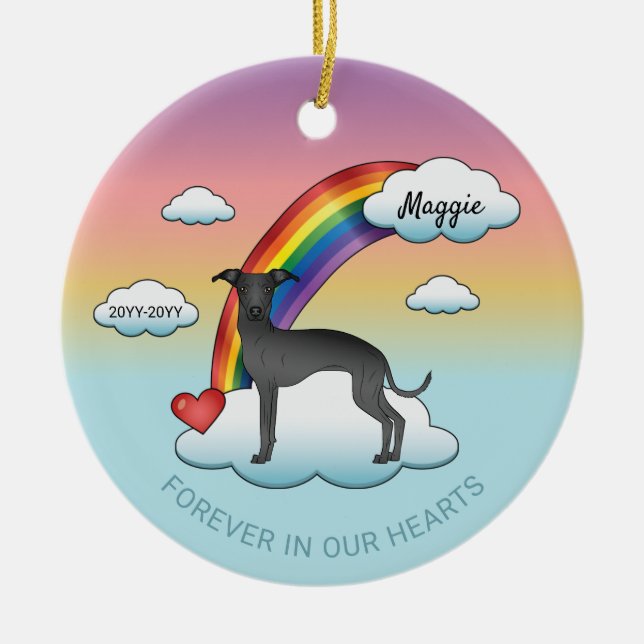 Svart italienskt Greyhound Cute Hund Rainbow Memor Julgransprydnad Keramik (Framsidan)