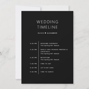 Svart Itinerary & Tidslinje Minimalistisk Bröllo Inbjudningar