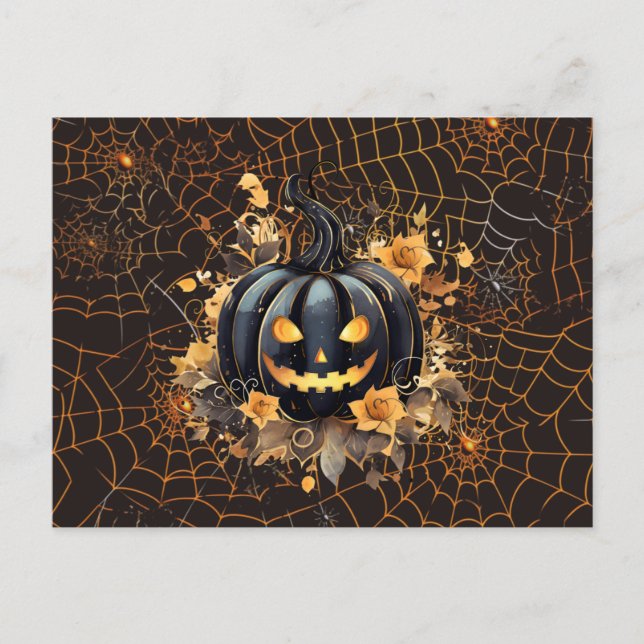 Svart Jack-O' Lantern Orange Spindelnät Halloween Helg Vykort (Framsida)