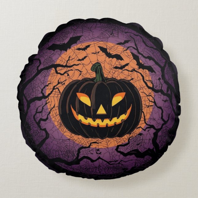 Svart Jack-O'-Lantern Rund Kudd Kudde (Framsidan)