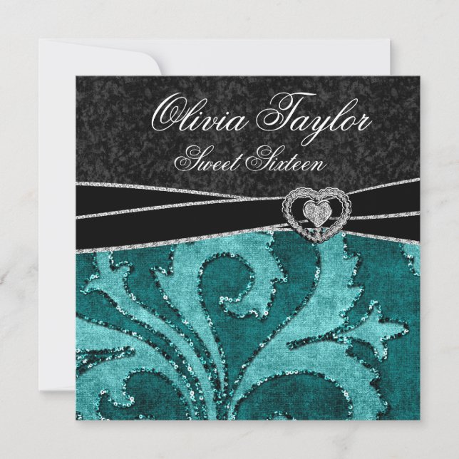 Svart Jade Grön Glitter Sweet Sixteen Födelsedag Inbjudningar (Framsida)