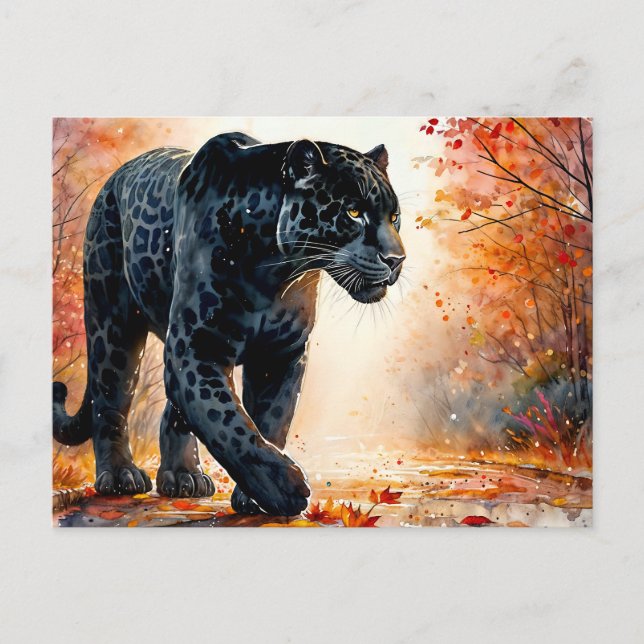Svart Jaguar Autumn Watercolor Vykort (Framsida)