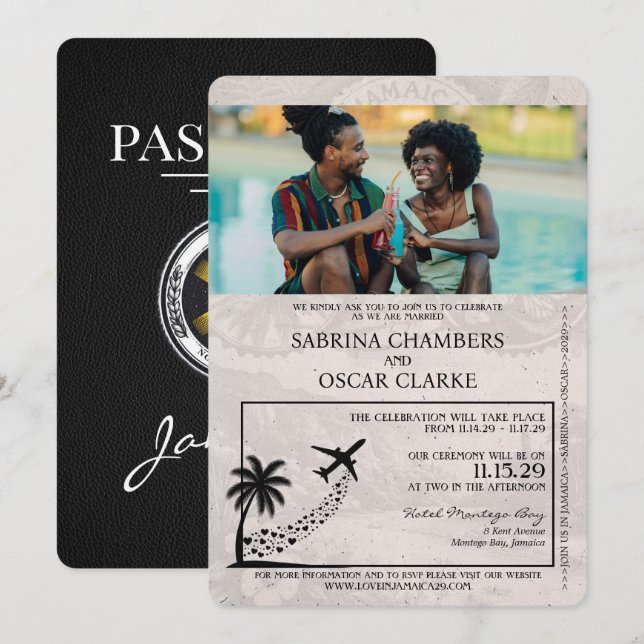 Svart Jamaica-passbröllopsinbjudan Inbjudningar (Fram/baksida)