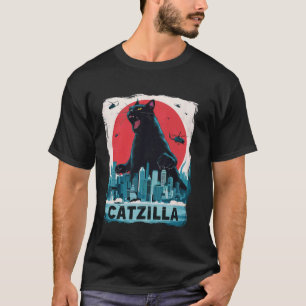 Svart Japansk Catzilla Stad Solnedgång Rolig Katt T Shirt